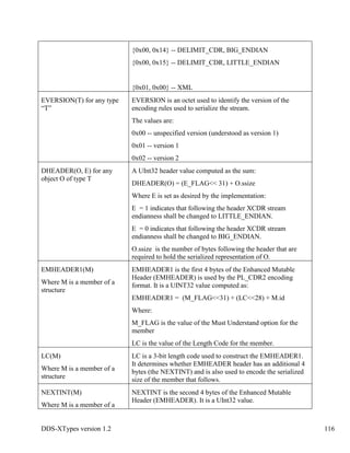 DDS-XTypes version 1.2 116
{0x00, 0x14} -- DELIMIT_CDR, BIG_ENDIAN
{0x00, 0x15} -- DELIMIT_CDR, LITTLE_ENDIAN
{0x01, 0x00} -- XML
EVERSION(T) for any type
“T”
EVERSION is an octet used to identify the version of the
encoding rules used to serialize the stream.
The values are:
0x00 -- unspecified version (understood as version 1)
0x01 -- version 1
0x02 -- version 2
DHEADER(O, E) for any
object O of type T
A UInt32 header value computed as the sum:
DHEADER(O) = (E_FLAG<< 31) + O.ssize
Where E is set as desired by the implementation:
E = 1 indicates that following the header XCDR stream
endianness shall be changed to LITTLE_ENDIAN.
E = 0 indicates that following the header XCDR stream
endianness shall be changed to BIG_ENDIAN.
O.ssize is the number of bytes following the header that are
required to hold the serialized representation of O.
EMHEADER1(M)
Where M is a member of a
structure
EMHEADER1 is the first 4 bytes of the Enhanced Mutable
Header (EMHEADER) is used by the PL_CDR2 encoding
format. It is a UINT32 value computed as:
EMHEADER1 = (M_FLAG<<31) + (LC<<28) + M.id
Where:
M_FLAG is the value of the Must Understand option for the
member
LC is the value of the Length Code for the member.
LC(M)
Where M is a member of a
structure
LC is a 3-bit length code used to construct the EMHEADER1.
It determines whether EMHEADER header has an additional 4
bytes (the NEXTINT) and is also used to encode the serialized
size of the member that follows.
NEXTINT(M)
Where M is a member of a
NEXTINT is the second 4 bytes of the Enhanced Mutable
Header (EMHEADER). It is a UInt32 value.
 