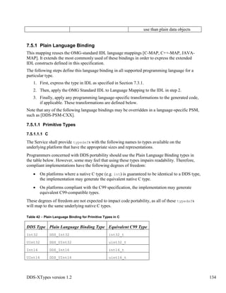 DDS-XTypes version 1.2 134
use than plain data objects
7.5.1 Plain Language Binding
This mapping reuses the OMG-standard IDL language mappings [C-MAP, C++-MAP, JAVA-
MAP]. It extends the most commonly used of these bindings in order to express the extended
IDL constructs defined in this specification.
The following steps define this language binding in all supported programming language for a
particular type.
1. First, express the type in IDL as specified in Section 7.3.1.
2. Then, apply the OMG Standard IDL to Language Mapping to the IDL in step 2.
3. Finally, apply any programming language-specific transformations to the generated code,
if applicable. These transformations are defined below.
Note that any of the following language bindings may be overridden in a language-specific PSM,
such as [DDS-PSM-CXX].
7.5.1.1 Primitive Types
7.5.1.1.1 C
The Service shall provide typedefs with the following names to types available on the
underlying platform that have the appropriate sizes and representations.
Programmers concerned with DDS portability should use the Plain Language Binding types in
the table below. However, some may feel that using these types impairs readability. Therefore,
compliant implementations have the following degrees of freedom:
On platforms where a native C type (e.g. int) is guaranteed to be identical to a DDS type,
the implementation may generate the equivalent native C type.
On platforms compliant with the C99 specification, the implementation may generate
equivalent C99-compatible types.
These degrees of freedom are not expected to impact code portability, as all of these typedefs
will map to the same underlying native C types.
Table 42 – Plain Language Binding for Primitive Types in C
DDS Type Plain Language Binding Type Equivalent C99 Type
Int32 DDS_Int32 int32_t
UInt32 DDS_UInt32 uint32_t
Int16 DDS_Int16 int16_t
UInt16 DDS_UInt16 uint16_t
 