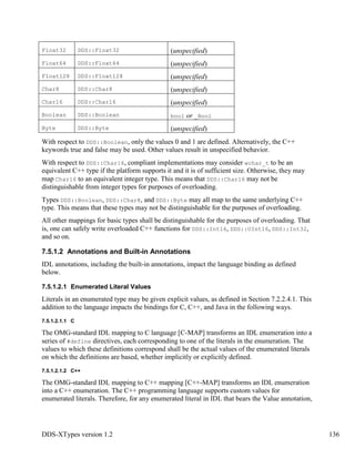 DDS-XTypes version 1.2 136
Float32 DDS::Float32 (unspecified)
Float64 DDS::Float64 (unspecified)
Float128 DDS::Float128 (unspecified)
Char8 DDS::Char8 (unspecified)
Char16 DDS::Char16 (unspecified)
Boolean DDS::Boolean bool or _Bool
Byte DDS::Byte (unspecified)
With respect to DDS::Boolean, only the values 0 and 1 are defined. Alternatively, the C++
keywords true and false may be used. Other values result in unspecified behavior.
With respect to DDS::Char16, compliant implementations may consider wchar_t to be an
equivalent C++ type if the platform supports it and it is of sufficient size. Otherwise, they may
map Char16 to an equivalent integer type. This means that DDS::Char16 may not be
distinguishable from integer types for purposes of overloading.
Types DDS::Boolean, DDS::Char8, and DDS::Byte may all map to the same underlying C++
type. This means that these types may not be distinguishable for the purposes of overloading.
All other mappings for basic types shall be distinguishable for the purposes of overloading. That
is, one can safely write overloaded C++ functions for DDS::Int16, DDS::UInt16, DDS::Int32,
and so on.
7.5.1.2 Annotations and Built-in Annotations
IDL annotations, including the built-in annotations, impact the language binding as defined
below.
7.5.1.2.1 Enumerated Literal Values
Literals in an enumerated type may be given explicit values, as defined in Section 7.2.2.4.1. This
addition to the language impacts the bindings for C, C++, and Java in the following ways.
7.5.1.2.1.1 C
The OMG-standard IDL mapping to C language [C-MAP] transforms an IDL enumeration into a
series of #define directives, each corresponding to one of the literals in the enumeration. The
values to which these definitions correspond shall be the actual values of the enumerated literals
on which the definitions are based, whether implicitly or explicitly defined.
7.5.1.2.1.2 C++
The OMG-standard IDL mapping to C++ mapping [C++-MAP] transforms an IDL enumeration
into a C++ enumeration. The C++ programming language supports custom values for
enumerated literals. Therefore, for any enumerated literal in IDL that bears the Value annotation,
 