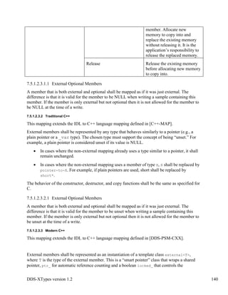 DDS-XTypes version 1.2 140
member. Allocate new
memory to copy into and
replace the existing memory
without releasing it. It is the
application’s responsibility to
release the replaced memory.
Release Release the existing memory
before allocating new memory
to copy into.
7.5.1.2.3.1.1 External Optional Members
A member that is both external and optional shall be mapped as if it was just external. The
difference is that it is valid for the member to be NULL when writing a sample containing this
member. If the member is only external but not optional then it is not allowed for the member to
be NULL at the time of a write.
7.5.1.2.3.2 Traditional C++
This mapping extends the IDL to C++ language mapping defined in [C++-MAP].
External members shall be represented by any type that behaves similarly to a pointer (e.g., a
plain pointer or a _var type). The chosen type must support the concept of being “unset.” For
example, a plain pointer is considered unset if its value is NULL.
In cases where the non-external mapping already uses a type similar to a pointer, it shall
remain unchanged.
In cases where the non-external mapping uses a member of type X, X shall be replaced by
pointer-to-X. For example, if plain pointers are used, short shall be replaced by
short*.
The behavior of the constructor, destructor, and copy functions shall be the same as specified for
C.
7.5.1.2.3.2.1 External Optional Members
A member that is both external and optional shall be mapped as if it was just external. The
difference is that it is valid for the member to be unset when writing a sample containing this
member. If the member is only external but not optional then it is not allowed for the member to
be unset at the time of a write.
7.5.1.2.3.3 Modern C++
This mapping extends the IDL to C++ language mapping defined in [DDS-PSM-CXX].
External members shall be represented as an instantiation of a template class external<T>,
where T is the type of the external member. This is a “smart pointer” class that wraps a shared
pointer, ptr_ for automatic reference counting and a boolean locked_ that controls the
 