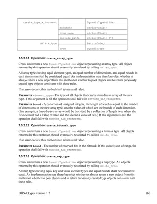 DDS-XTypes version 1.2 160
create_type_w_document DynamicTypeBuilder
document string<Char8>
type_name string<Char8>
include_paths string<Char8> [*]
delete_type ReturnCode_t
type DynamicType
7.5.2.2.1 Operation: create_array_type
Create and return a new DynamicTypeBuilder object representing an array type. All objects
returned by this operation should eventually be deleted by calling delete_type.
All array types having equal element types, an equal number of dimensions, and equal bounds in
each dimension shall be considered equal. An implementation may therefore elect whether to
always return a new object from this method or whether to pool objects and to return previously
created type objects consistent with these rules.
If an error occurs, this method shall return a nil value.
Parameter element_type – The type of all objects that can be stored in an array of the new
type. If this argument is nil, the operation shall fail with RETCODE_BAD_PARAMETER.
Parameter bound - A collection of unsigned integers, the length of which is equal to the number
of dimensions in the new array type, and the values of which are the bounds of each dimension.
(For example, a three-by-two array would be described by a collection of length two, where the
first element had a value of three and the second a value of two.) If this argument is nil, the
operation shall fail with RETCODE_BAD_PARAMETER.
7.5.2.2.2 Operation: create_bitmask_type
Create and return a new DynamicTypeBuilder object representing a bitmask type. All objects
returned by this operation should eventually be deleted by calling delete_type.
If an error occurs, this method shall return a nil value.
Parameter bound - The number of reserved bits in the bitmask. If this value is out of range, the
operation shall fail with RETCODE_BAD_PARAMETER.
7.5.2.2.3 Operation: create_map_type
Create and return a new DynamicTypeBuilder object representing a map type. All objects
returned by this operation should eventually be deleted by calling delete_type.
All map types having equal key and value element types and equal bounds shall be considered
equal. An implementation may therefore elect whether to always return a new object from this
method or whether to pool objects and to return previously created type objects consistent with
these rules.
 