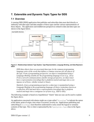 DDS-XTypes version 1.2 9
7. Extensible and Dynamic Topic Types for DDS
7.1 Overview
A running DDS [DDS] application that publishes and subscribes data must deal directly or
indirectly with data types and data samples of those types and the various representations of
those objects. The application and middleware perspectives related to data and data types are
shown in the figure below.
Figure 2 – Relationships between Type System, Type Representation, Language Binding, and Data Represen-
tation
DDS data objects have an associated data type (in the common programming
language sense of the word) that defines a common structure for all objects of
the type. From a programming perspective, an object is manipulated using a
Language Binding suitable for the programming language in use (e.g., Java).
From a network communications and file storage perspective, an object must
have a representation (encoding) that is platform neutral and maps into a con-
tiguous set of bytes, whether textual or binary.
Similarly, from a programming perspective a data type is manipulated using a
Language Binding to the programming language of choice (sometimes known as
a reflection API) and must have a representation (encoding) that is platform
neutral and maps into a contiguous set of bytes (e.g., XSD or IDL).
The following example is based on a hypothetical “Alarm” data use case can be used to explain
the figure above.
An application concerned with alarms might use a type called “AlarmType” to indicate the nature
of the alarm, point of origin, time when it occurred, severity etc. Applications publishing and
subscribing to AlarmType must therefore understand to some extent the logical or semantic
contents of that type. This is what is represented by the TypeSystem::Type class in the figure
above.
classClassifier Overview
TypeRepresentation::
TypeRepresentation
DataRepresentation::
DataRepresentation
LanguageBinding::
DataLanguageBinding
LanguageBinding::
TypeLanguageBinding
TypeSystem::Type data: Type
(from TypeSystem)
*
+type
1
{frozen}
*
+data
1
{frozen}
*
+data
1
{frozen}
*
+type
1
{frozen}
*
+type
1
{frozen}
 