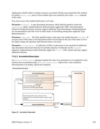 DDS-XTypes version 1.2 164
Applications shall be able to reclaim resources associated with the type returned by this method
by calling delete_type, just as if the resultant type was created by one of the create methods
of this class.
If an error occurs, this method shall return a nil value.
Parameter document – A type description document, which shall be parsed to create the
DynamicType object. Implementations shall minimally support the XML Type Description
format for loaded documents and may support additional Type Descriptions. (Implementations
are recommended to provide a tool or other means of translating among their supported Type
Representations.)
Parameter type_name – The fully qualified name of the type to be loaded from the document. If
no type exists of this name in the document (which will trivially be the case if the name is nil or
the empty string), the operation shall fail and return a nil result.
Parameter include_paths – A collection of URLs to directories to be searched for additional
type description documents that may be included, directly or indirectly, by the document
argument. Implementations shall minimally support the file:// URL scheme and may support
additional schemes.
7.5.2.3 AnnotationDescriptor
An AnnotationDescriptor packages together the state of an annotation as it is applied to some
element (not an annotation type). AnnotationDescriptor objects have value semantics,
allowing them to be deeply copied and compared.
Figure 27 – Annotation Descriptor
classAnnotation Descriptor
AnnotationDescriptor
+ value: Map {readOnly}
+ copy_from(AnnotationDescriptor): ReturnCode_t
+ equals(AnnotationDescriptor): Boolean {query}
+ is_consistent(): Boolean {query}
constraints
{value.element_type =String}
{value.key_element_type =String}
DynamicType
DynamicTypeMember
An AnnotationDescriptor represents the
application ofan annotation type to a type or type
member.
id: MemberId
+annotation
*
{frozen}
+type
1
+annotation
*
{frozen}
+member
0..1
{frozen}
 