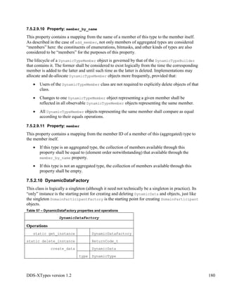 DDS-XTypes version 1.2 180
7.5.2.9.10 Property: member_by_name
This property contains a mapping from the name of a member of this type to the member itself.
As described in the case of add_member, not only members of aggregated types are considered
“members” here: the constituents of enumerations, bitmasks, and other kinds of types are also
considered to be “members” for the purposes of this property.
The lifecycle of a DynamicTypeMember object is governed by that of the DynamicTypeBuilder
that contains it. The former shall be considered to exist logically from the time the corresponding
member is added to the latter and until such time as the latter is deleted. Implementations may
allocate and de-allocate DynamicTypeMember objects more frequently, provided that:
Users of the DynamicTypeMember class are not required to explicitly delete objects of that
class.
Changes to one DynamicTypeMember object representing a given member shall be
reflected in all observable DynamicTypeMember objects representing the same member.
All DynamicTypeMember objects representing the same member shall compare as equal
according to their equals operations.
7.5.2.9.11 Property: member
This property contains a mapping from the member ID of a member of this (aggregated) type to
the member itself.
If this type is an aggregated type, the collection of members available through this
property shall be equal to (element order notwithstanding) that available through the
member_by_name property.
If this type is not an aggregated type, the collection of members available through this
property shall be empty.
7.5.2.10 DynamicDataFactory
This class is logically a singleton (although it need not technically be a singleton in practice). Its
“only” instance is the starting point for creating and deleting DynamicData and objects, just like
the singleton DomainParticipantFactory is the starting point for creating DomainParticipant
objects.
Table 57 – DynamicDataFactory properties and operations
DynamicDataFactory
Operations
static get_instance DynamicDataFactory
static delete_instance ReturnCode_t
create_data DynamicData
type DynamicType
 