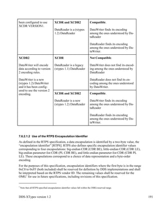 DDS-XTypes version 1.2 191
been configured to use
XCDR VERSION1.
XCDR and XCDR2
DataReader is a (xtypes
1.2) DataReader
Compatible.
DataWriter finds its encoding
among the ones understood by Da-
taReader
DataReader finds its encoding
among the ones understood by Da-
taWriter.
XCDR2
DataWriter will encode
data according to version
2 encoding rules.
DataWriter is a new
(xtypes 1.2) DataWriter
and it has been config-
ured to use the version 2
encoding.
XCDR
DataReader is a legacy
(xtypes 1.1) DataReader
Not Compatible.
DataWriter does not find its encod-
ing among the ones understood by
DataReader
DataReader does not find its en-
coding among the ones understood
by DataWriter.
XCDR and XCDR2
DataReader is a new
(xtypes 1.2) DataReader
Compatible.
DataWriter finds its encoding
among the ones understood by Da-
taReader
DataReader finds its encoding
among the ones understood by Da-
taWriter.
7.6.2.1.2 Use of the RTPS Encapsulation Identifier
As defined in the RTPS specification, a data encapsulation is identified by a two-byte value, the
“encapsulation identifier” [RTPS]. RTPS also defines specific encapsulation identifier values
corresponding to four encapsulations: big-endian CDR (CDR BE), little-endian CDR (CDR LE),
big-endian parameter-list CDR (PL CDR BE), and little-endian parameter-list CDR (CDR PL
LE). These encapsulations correspond to a choice of data representation and a byte-order
encoding.
For the purposes of this specification, encapsulation identifiers where the first byte is in the range
0xC0 to 0xFF (both included) shall be reserved for definition by DDS implementations and shall
be interpreted based on the RTPS vendor ID. The remaining values shall be reserved for the
OMG7
for use in future specifications, including revisions of this specification.
7
Note that all RTPS-specified encapsulation identifier values fall within the OMG-reserved range.
 