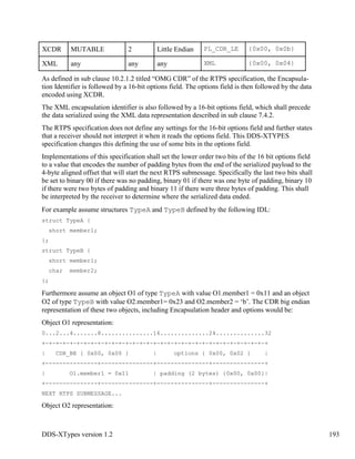 DDS-XTypes version 1.2 193
XCDR MUTABLE 2 Little Endian PL_CDR_LE {0x00, 0x0b}
XML any any any XML {0x00, 0x04}
As defined in sub clause 10.2.1.2 titled “OMG CDR” of the RTPS specification, the Encapsula-
tion Identifier is followed by a 16-bit options field. The options field is then followed by the data
encoded using XCDR.
The XML encapsulation identifier is also followed by a 16-bit options field, which shall precede
the data serialized using the XML data representation described in sub clause 7.4.2.
The RTPS specification does not define any settings for the 16-bit options field and further states
that a receiver should not interpret it when it reads the options field. This DDS-XTYPES
specification changes this defining the use of some bits in the options field.
Implementations of this specification shall set the lower order two bits of the 16 bit options field
to a value that encodes the number of padding bytes from the end of the serialized payload to the
4-byte aligned offset that will start the next RTPS submessage. Specifically the last two bits shall
be set to binary 00 if there was no padding, binary 01 if there was one byte of padding, binary 10
if there were two bytes of padding and binary 11 if there were three bytes of padding. This shall
be interpreted by the receiver to determine where the serialized data ended.
For example assume structures TypeA and TypeB defined by the following IDL:
struct TypeA {
short member1;
};
struct TypeB {
short member1;
char member2;
};
Furthermore assume an object O1 of type TypeA with value O1.member1 = 0x11 and an object
O2 of type TypeB with value O2.member1= 0x23 and O2.member2 = ‘b’. The CDR big endian
representation of these two objects, including Encapsulation header and options would be:
Object O1 representation:
0...2...4.......8...............16..............24..............32
+-+-+-+-+-+-+-+-+-+-+-+-+-+-+-+-+-+-+-+-+-+-+-+-+-+-+-+-+-+-+-+-+
| CDR_BE { 0x00, 0x00 } | options { 0x00, 0x02 } |
+---------------+---------------+---------------+---------------+
| O1.member1 = 0x11 | padding (2 bytes) {0x00, 0x00}|
+---------------+---------------+---------------+---------------+
NEXT RTPS SUBMESSAGE...
Object O2 representation:
 