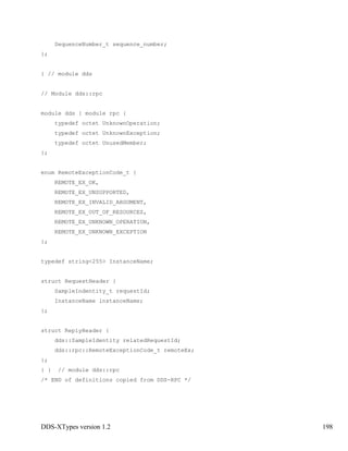 DDS-XTypes version 1.2 198
SequenceNumber_t sequence_number;
};
} // module dds
// Module dds::rpc
module dds { module rpc {
typedef octet UnknownOperation;
typedef octet UnknownException;
typedef octet UnusedMember;
};
enum RemoteExceptionCode_t {
REMOTE_EX_OK,
REMOTE_EX_UNSUPPORTED,
REMOTE_EX_INVALID_ARGUMENT,
REMOTE_EX_OUT_OF_RESOURCES,
REMOTE_EX_UNKNOWN_OPERATION,
REMOTE_EX_UNKNOWN_EXCEPTION
};
typedef string<255> InstanceName;
struct RequestHeader {
SampleIndentity_t requestId;
InstanceName instanceName;
};
struct ReplyHeader {
dds::SampleIdentity relatedRequestId;
dds::rpc::RemoteExceptionCode_t remoteEx;
};
} } // module dds::rpc
/* END of definitions copied from DDS-RPC */
 