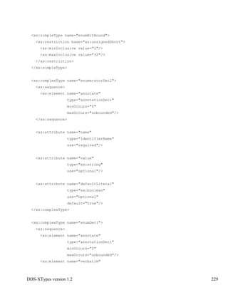 DDS-XTypes version 1.2 229
<xs:simpleType name="enumBitBound">
<xs:restriction base="xs:unsignedShort">
<xs:minInclusive value="1"/>
<xs:maxInclusive value="32"/>
</xs:restriction>
</xs:simpleType>
<xs:complexType name="enumeratorDecl">
<xs:sequence>
<xs:element name="annotate"
type="annotationDecl"
minOccurs="0"
maxOccurs="unbounded"/>
</xs:sequence>
<xs:attribute name="name"
type="identifierName"
use="required"/>
<xs:attribute name="value"
type="xs:string"
use="optional"/>
<xs:attribute name="defaultLiteral"
type="xs:boolean"
use="optional"
default="true"/>
</xs:complexType>
<xs:complexType name="enumDecl">
<xs:sequence>
<xs:element name="annotate"
type="annotationDecl"
minOccurs="0"
maxOccurs="unbounded"/>
<xs:element name="verbatim"
 