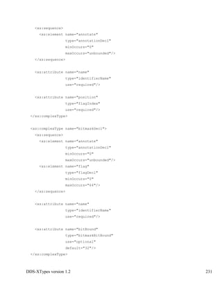 DDS-XTypes version 1.2 231
<xs:sequence>
<xs:element name="annotate"
type="annotationDecl"
minOccurs="0"
maxOccurs="unbounded"/>
</xs:sequence>
<xs:attribute name="name"
type="identifierName"
use="required"/>
<xs:attribute name="position"
type="flagIndex"
use="required"/>
</xs:complexType>
<xs:complexType name="bitmaskDecl">
<xs:sequence>
<xs:element name="annotate"
type="annotationDecl"
minOccurs="0"
maxOccurs="unbounded"/>
<xs:element name="flag"
type="flagDecl"
minOccurs="0"
maxOccurs="64"/>
</xs:sequence>
<xs:attribute name="name"
type="identifierName"
use="required"/>
<xs:attribute name="bitBound"
type="bitmaskBitBound"
use="optional"
default="32"/>
</xs:complexType>
 