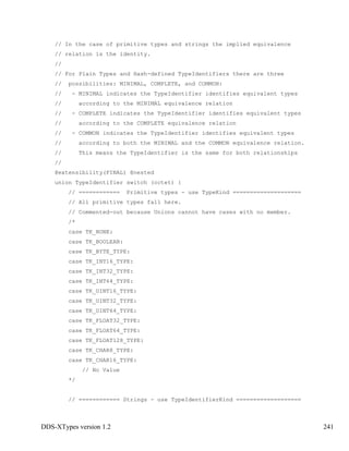 DDS-XTypes version 1.2 241
// In the case of primitive types and strings the implied equivalence
// relation is the identity.
//
// For Plain Types and Hash-defined TypeIdentifiers there are three
// possibilities: MINIMAL, COMPLETE, and COMMON:
// - MINIMAL indicates the TypeIdentifier identifies equivalent types
// according to the MINIMAL equivalence relation
// - COMPLETE indicates the TypeIdentifier identifies equivalent types
// according to the COMPLETE equivalence relation
// - COMMON indicates the TypeIdentifier identifies equivalent types
// according to both the MINIMAL and the COMMON equivalence relation.
// This means the TypeIdentifier is the same for both relationships
//
@extensibility(FINAL) @nested
union TypeIdentifier switch (octet) {
// ============ Primitive types - use TypeKind ====================
// All primitive types fall here.
// Commented-out because Unions cannot have cases with no member.
/*
case TK_NONE:
case TK_BOOLEAN:
case TK_BYTE_TYPE:
case TK_INT16_TYPE:
case TK_INT32_TYPE:
case TK_INT64_TYPE:
case TK_UINT16_TYPE:
case TK_UINT32_TYPE:
case TK_UINT64_TYPE:
case TK_FLOAT32_TYPE:
case TK_FLOAT64_TYPE:
case TK_FLOAT128_TYPE:
case TK_CHAR8_TYPE:
case TK_CHAR16_TYPE:
// No Value
*/
// ============ Strings - use TypeIdentifierKind ===================
 