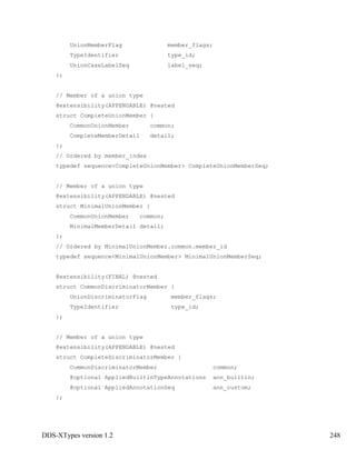 DDS-XTypes version 1.2 248
UnionMemberFlag member_flags;
TypeIdentifier type_id;
UnionCaseLabelSeq label_seq;
};
// Member of a union type
@extensibility(APPENDABLE) @nested
struct CompleteUnionMember {
CommonUnionMember common;
CompleteMemberDetail detail;
};
// Ordered by member_index
typedef sequence<CompleteUnionMember> CompleteUnionMemberSeq;
// Member of a union type
@extensibility(APPENDABLE) @nested
struct MinimalUnionMember {
CommonUnionMember common;
MinimalMemberDetail detail;
};
// Ordered by MinimalUnionMember.common.member_id
typedef sequence<MinimalUnionMember> MinimalUnionMemberSeq;
@extensibility(FINAL) @nested
struct CommonDiscriminatorMember {
UnionDiscriminatorFlag member_flags;
TypeIdentifier type_id;
};
// Member of a union type
@extensibility(APPENDABLE) @nested
struct CompleteDiscriminatorMember {
CommonDiscriminatorMember common;
@optional AppliedBuiltinTypeAnnotations ann_builtin;
@optional AppliedAnnotationSeq ann_custom;
};
 