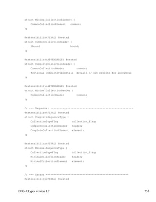 DDS-XTypes version 1.2 253
struct MinimalCollectionElement {
CommonCollectionElement common;
};
@extensibility(FINAL) @nested
struct CommonCollectionHeader {
LBound bound;
};
@extensibility(APPENDABLE) @nested
struct CompleteCollectionHeader {
CommonCollectionHeader common;
@optional CompleteTypeDetail detail; // not present for anonymous
};
@extensibility(APPENDABLE) @nested
struct MinimalCollectionHeader {
CommonCollectionHeader common;
};
// --- Sequence: ------------------------------------------------------
@extensibility(FINAL) @nested
struct CompleteSequenceType {
CollectionTypeFlag collection_flag;
CompleteCollectionHeader header;
CompleteCollectionElement element;
};
@extensibility(FINAL) @nested
struct MinimalSequenceType {
CollectionTypeFlag collection_flag;
MinimalCollectionHeader header;
MinimalCollectionElement element;
};
// --- Array: ------------------------------------------------------
@extensibility(FINAL) @nested
 