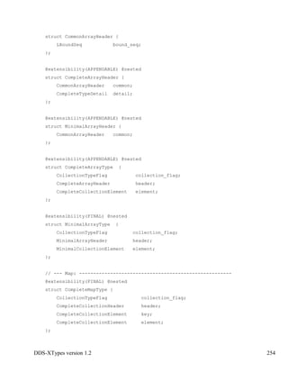 DDS-XTypes version 1.2 254
struct CommonArrayHeader {
LBoundSeq bound_seq;
};
@extensibility(APPENDABLE) @nested
struct CompleteArrayHeader {
CommonArrayHeader common;
CompleteTypeDetail detail;
};
@extensibility(APPENDABLE) @nested
struct MinimalArrayHeader {
CommonArrayHeader common;
};
@extensibility(APPENDABLE) @nested
struct CompleteArrayType {
CollectionTypeFlag collection_flag;
CompleteArrayHeader header;
CompleteCollectionElement element;
};
@extensibility(FINAL) @nested
struct MinimalArrayType {
CollectionTypeFlag collection_flag;
MinimalArrayHeader header;
MinimalCollectionElement element;
};
// --- Map: ------------------------------------------------------
@extensibility(FINAL) @nested
struct CompleteMapType {
CollectionTypeFlag collection_flag;
CompleteCollectionHeader header;
CompleteCollectionElement key;
CompleteCollectionElement element;
};
 