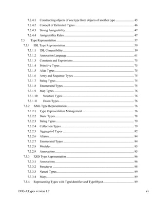 DDS-XTypes version 1.2 vii
7.2.4.1 Constructing objects of one type from objects of another type ........................ 45
7.2.4.2 Concept of Delimited Types............................................................................. 46
7.2.4.3 Strong Assignability.......................................................................................... 47
7.2.4.4 Assignability Rules ........................................................................................... 47
7.3 Type Representation ..................................................................................................... 57
7.3.1 IDL Type Representation.......................................................................................... 59
7.3.1.1 IDL Compatibility............................................................................................. 59
7.3.1.2 Annotation Language........................................................................................ 61
7.3.1.3 Constants and Expressions................................................................................ 75
7.3.1.4 Primitive Types................................................................................................. 75
7.3.1.5 Alias Types ....................................................................................................... 75
7.3.1.6 Array and Sequence Types ............................................................................... 75
7.3.1.7 String Types...................................................................................................... 75
7.3.1.8 Enumerated Types ............................................................................................ 75
7.3.1.9 Map Types ........................................................................................................ 76
7.3.1.10 Structure Types ............................................................................................. 76
7.3.1.11 Union Types.................................................................................................. 76
7.3.2 XML Type Representation ....................................................................................... 76
7.3.2.1 Type Representation Management ................................................................... 76
7.3.2.2 Basic Types....................................................................................................... 78
7.3.2.3 String Types...................................................................................................... 79
7.3.2.4 Collection Types ............................................................................................... 79
7.3.2.5 Aggregated Types ............................................................................................. 82
7.3.2.6 Aliases............................................................................................................... 84
7.3.2.7 Enumerated Types ............................................................................................ 84
7.3.2.8 Modules............................................................................................................. 85
7.3.2.9 Annotations....................................................................................................... 85
7.3.3 XSD Type Representation ........................................................................................ 86
7.3.3.1 Annotations....................................................................................................... 86
7.3.3.2 Structures .......................................................................................................... 88
7.3.3.3 Nested Types..................................................................................................... 89
7.3.3.4 Maps.................................................................................................................. 89
7.3.4 Representing Types with TypeIdentifier and TypeObject........................................ 89
 