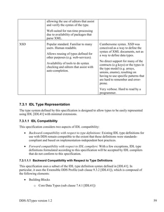 DDS-XTypes version 1.2 59
allowing the use of editors that assist
and verify the syntax of the type.
Well-suited for run-time processing
due to availability of packages that
parse XML.
XSD Popular standard. Familiar to many
users. Human readable.
Allows reusing of types defined for
other purposes (e.g. web-services).
Availability of tools to do syntax
checking and editors that assist with
auto-completion.
Cumbersome syntax. XSD was
conceived as a way to define the
syntax of XML documents, not as
a way to define data types.
No direct support for many of the
contructs (e.g keys) or the types in
the type model (e.g. arrays,
unions, enums), resulting on
having to use specific patterns that
are hard to remember and error-
prone.
Very verbose. Hard to read by a
programmer.
7.3.1 IDL Type Representation
The type system defined by this specification is designed to allow types to be easily represented
using IDL [IDL41] with minimal extensions.
7.3.1.1 IDL Compatibility
This specification considers two aspects of IDL compatibility:
Backward compatibility with respect to type definitions: Existing IDL type definitions for
use with DDS remain compatible to the extent that those definitions were standards-
compliant and based on implementation-independent best practices.
Forward compatibility with respect to IDL compilers: With a few exceptions, IDL type
definitions formulated according to this specification will be accepted by IDL compilers
that do not conform to this specification.
7.3.1.1.1 Backward Compatibility with Respect to Type Definitions
This specification uses a subset of the IDL type definition syntax defined in [IDL41]. In
particular, it uses the Extensible DDS Profile (sub clause 9.3.2 [IDL41]), which is composed of
the following elements:
Building Blocks
o Core Data Types (sub clause 7.4.1 [IDL41])
 