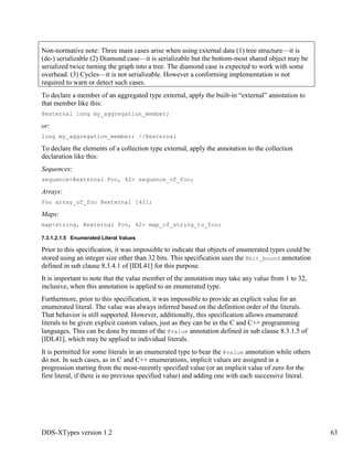DDS-XTypes version 1.2 63
Non-normative note: Three main cases arise when using external data (1) tree structure—it is
(de-) serializable (2) Diamond case—it is serializable but the bottom-most shared object may be
serialized twice turning the graph into a tree. The diamond case is expected to work with some
overhead. (3) Cycles—it is not serializable. However a conforming implementation is not
required to warn or detect such cases.
To declare a member of an aggregated type external, apply the built-in “external” annotation to
that member like this:
@external long my_aggregation_member;
or:
long my_aggregation_member; //@external
To declare the elements of a collection type external, apply the annotation to the collection
declaration like this:
Sequences:
sequence<@external Foo, 42> sequence_of_foo;
Arrays:
Foo array_of_foo @external [42];
Maps:
map<string, @external Foo, 42> map_of_string_to_foo;
7.3.1.2.1.5 Enumerated Literal Values
Prior to this specification, it was impossible to indicate that objects of enumerated types could be
stored using an integer size other than 32 bits. This specification uses the @bit_bound annotation
defined in sub clause 8.3.4.1 of [IDL41] for this purpose.
It is important to note that the value member of the annotation may take any value from 1 to 32,
inclusive, when this annotation is applied to an enumerated type.
Furthermore, prior to this specification, it was impossible to provide an explicit value for an
enumerated literal. The value was always inferred based on the definition order of the literals.
That behavior is still supported. However, additionally, this specification allows enumerated
literals to be given explicit custom values, just as they can be in the C and C++ programming
languages. This can be done by means of the @value annotation defined in sub clause 8.3.1.5 of
[IDL41], which may be applied to individual literals.
It is permitted for some literals in an enumerated type to bear the @value annotation while others
do not. In such cases, as in C and C++ enumerations, implicit values are assigned in a
progression starting from the most-recently specified value (or an implicit value of zero for the
first literal, if there is no previous specified value) and adding one with each successive literal.
 