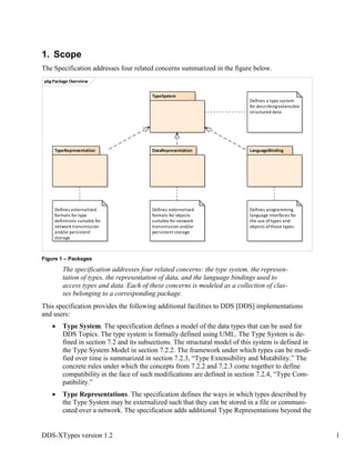 DDS-XTypes version 1.2 1
1. Scope
The Specification addresses four related concerns summarized in the figure below.
Figure 1 – Packages
The specification addresses four related concerns: the type system, the represen-
tation of types, the representation of data, and the language bindings used to
access types and data. Each of these concerns is modeled as a collection of clas-
ses belonging to a corresponding package.
This specification provides the following additional facilities to DDS [DDS] implementations
and users:
Type System. The specification defines a model of the data types that can be used for
DDS Topics. The type system is formally defined using UML. The Type System is de-
fined in section 7.2 and its subsections. The structural model of this system is defined in
the Type System Model in section 7.2.2. The framework under which types can be modi-
fied over time is summarized in section 7.2.3, “Type Extensibility and Mutability.” The
concrete rules under which the concepts from 7.2.2 and 7.2.3 come together to define
compatibility in the face of such modifications are defined in section 7.2.4, “Type Com-
patibility.”
Type Representations. The specification defines the ways in which types described by
the Type System may be externalized such that they can be stored in a file or communi-
cated over a network. The specification adds additional Type Representations beyond the
pkg Package Overview
DataRepresentation LanguageBindingTypeRepresentation
Defines a type system
for describing extensible
structured data
Defines programming
language interfaces for
the use oftypes and
objects ofthose types
Defines externalized
formats for objects
suitable for network
transmission and/or
persistent storage
Defines externalized
formats for type
definitions suitable for
network transmission
and/or persistent
storage
TypeSystem
 