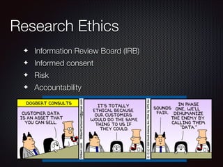 Research Ethics
✦

Information Review Board (IRB)

✦

Informed consent

✦

Risk

✦

Accountability
!

 