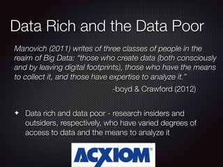 Data Rich and the Data Poor
Manovich (2011) writes of three classes of people in the
realm of Big Data: “those who create data (both consciously
and by leaving digital footprints), those who have the means
to collect it, and those have expertise to analyze it.”
-boyd & Crawford (2012)
!

✦

Data rich and data poor - research insiders and
outsiders, respectively, who have varied degrees of
access to data and the means to analyze it

 