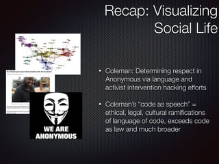 Recap: Visualizing
Social Life
	
• Coleman: Determining respect in
Anonymous via language and
activist intervention hacking efforts
!
• Coleman’s “code as speech” =
ethical, legal, cultural ramiﬁcations
of language of code, exceeds code
as law and much broader
 