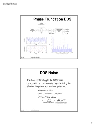 Direct Digital Synthesis
4
© Chris Dick 2004-2009DDS v2.1 7
Phase Truncation DDS
0 0.1 0.2 0.3 0.4 0.5
-100
-80
-60
-40
-20
0
NORMALIZED FREQUENCY
DB
PHASE
INCREMENT
∆φ M
clk
PHASE
ACCUMULATOR
(e.g. 28-32 bits)
fout = ∆φ fclk/2N
SINE/COSINE
LOOKUP
TABLE
e.g. N = 8-16
θ(n)^
θ(n)
Q( )
N sin(θ(n))
^
cos(θ(n))^
B
B
0 20 40 60 80 100
0
0.5
1
TIME
ERROR
20 40 60 80 100
-1
0
1
TIME
AMPLITUDE
© Chris Dick 2004-2009DDS v2.1 8
DDS Noise
• The term contributing to the DDS noise
component can be calculated by examining the
effect of the phase accumulator quantizer
ˆ( ) [ ( ) ( )] ( ) ( )
ˆ( ) ( )
( ) ( )
ˆ( ) ( ) ( )
[1 ( )]
( )
DESIRED COMPONENT
UNDESIRED COMPONENT
j n j n n j n j n
j n j n
j n j n
n n n
e e e e
e e j n
e j n e
θ θ δθ θ δθ
θ θ
θ θ
θ θ δθ
δθ
δθ
+
= +
= =
≈ +
= +
 