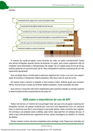 29
Fórmula Secreta para o DDS de Sucesso
Herbert Bento
causas:
A maioria de vocês já sabem como levantar do chão um peso corretamente? Todos
nós temos limitações quando temos de levantar um peso, pois nosso organismo não foi
moldado como levantador e transportador de cargas. Se um objeto pesa acima de 40 kg,
solicite ajuda de um guincho para içá-lo. Para transportá-lo solicite a presença de um eq-
uipamento apropriado.
Sua condição física, constituição e estrutura orgânica tem muito a ver com sua capaci-
dade de levantar e transportar objetos pesados. Não faça mais do que dá conta.
Em locais onde o terreno é irregular o risco ainda é maior. Solicite ajuda aos compan-
heiros. Nunca torça o corpo ao levantar objetos pesados, mude a posição dos pés.
Sua coluna e músculos não foram preparados para suportar pressão ou tensão superior
a determinados limites característicos de cada um.
DDS sobre a importância do uso de EPI
Todos nós temos um instinto de nos proteger toda vez que uma situação é adversa em
situações normais. Ao passar andando por uma rua e nos depararmos com um cachorro
bravo e sentimos que ele é uma ameaça e que pode atacar, neste momento seu organis-
mo começa a se preparar para a defesa, seja correr, seja apanhar um pedaço de pau. O
certo é que internamente seu organismo enviou várias mensagens ao cérebro no instinto
de defesa.
Porém existem outros recursos projetados para proteger você. Pegue por exemplo um
Licenciado para adilmar marques jordão, E-mail: adailton.jordao@gmail.com, CPF: 30038267861
 
