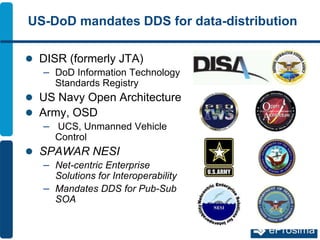 US-DoD mandates DDS for data-distribution
 DISR (formerly JTA)
– DoD Information Technology
Standards Registry
 US Navy Open Architecture
 Army, OSD
– UCS, Unmanned Vehicle
Control
 SPAWAR NESI
– Net-centric Enterprise
Solutions for Interoperability
– Mandates DDS for Pub-Sub
SOA
 
