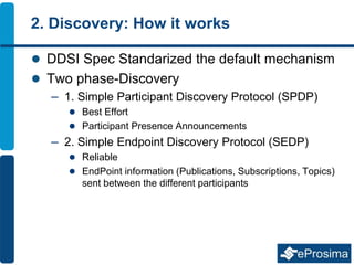 2. Discovery: How it works
 DDSI Spec Standarized the default mechanism
 Two phase-Discovery
– 1. Simple Participant Discovery Protocol (SPDP)
 Best Effort
 Participant Presence Announcements
– 2. Simple Endpoint Discovery Protocol (SEDP)
 Reliable
 EndPoint information (Publications, Subscriptions, Topics)
sent between the different participants
 