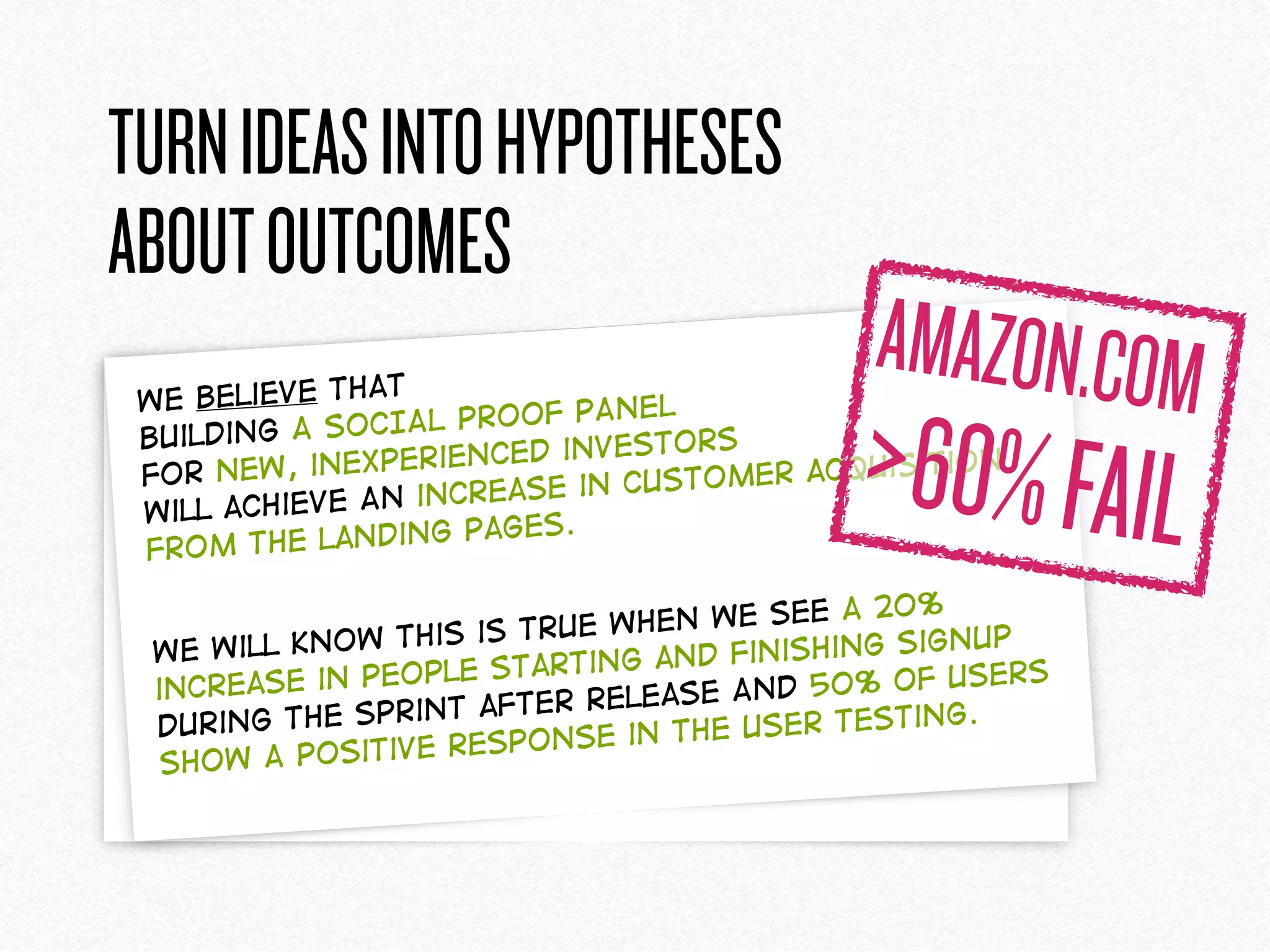 TURNIDEASINTOHYPOTHESES 
ABOUTOUTCOMES
We believe that  
building this feature  
for these people  
will achieve this outcome.
We will know this is true when we see
this quantitative measure  
AND this qualitative response.
We believe that  
building A SOCIAL PROOF PANEL 
for NEW, inexperienced investors  
will achieve An increase in customer acquisition
from the landing pages.
We will know this is true when we see A 20%
increase in people starting and finishing signup
during the sprint after release AND 50% of users
show A positive response in the user testing.
AMAZON.COM
>60%FAIL
 