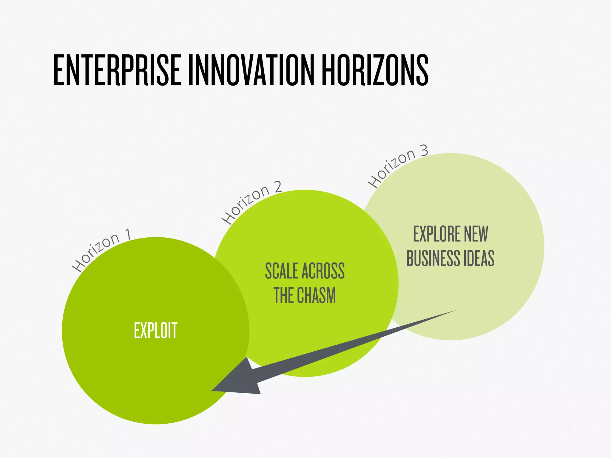 ENTERPRISEINNOVATIONHORIZONS
EXPLORENEW
BUSINESSIDEAS
Ho
rizon 3
SCALEACROSS
THECHASM
Ho
rizon 2
EXPLOIT
Ho
rizon 1
 