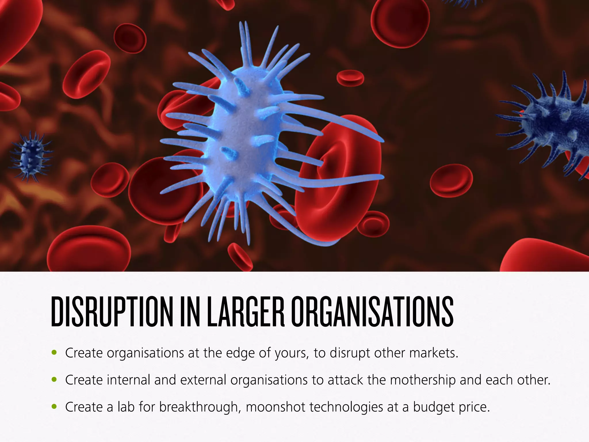 DISRUPTIONINLARGERORGANISATIONS
• Create organisations at the edge of yours, to disrupt other markets.
• Create internal and external organisations to attack the mothership and each other.
• Create a lab for breakthrough, moonshot technologies at a budget price.
 