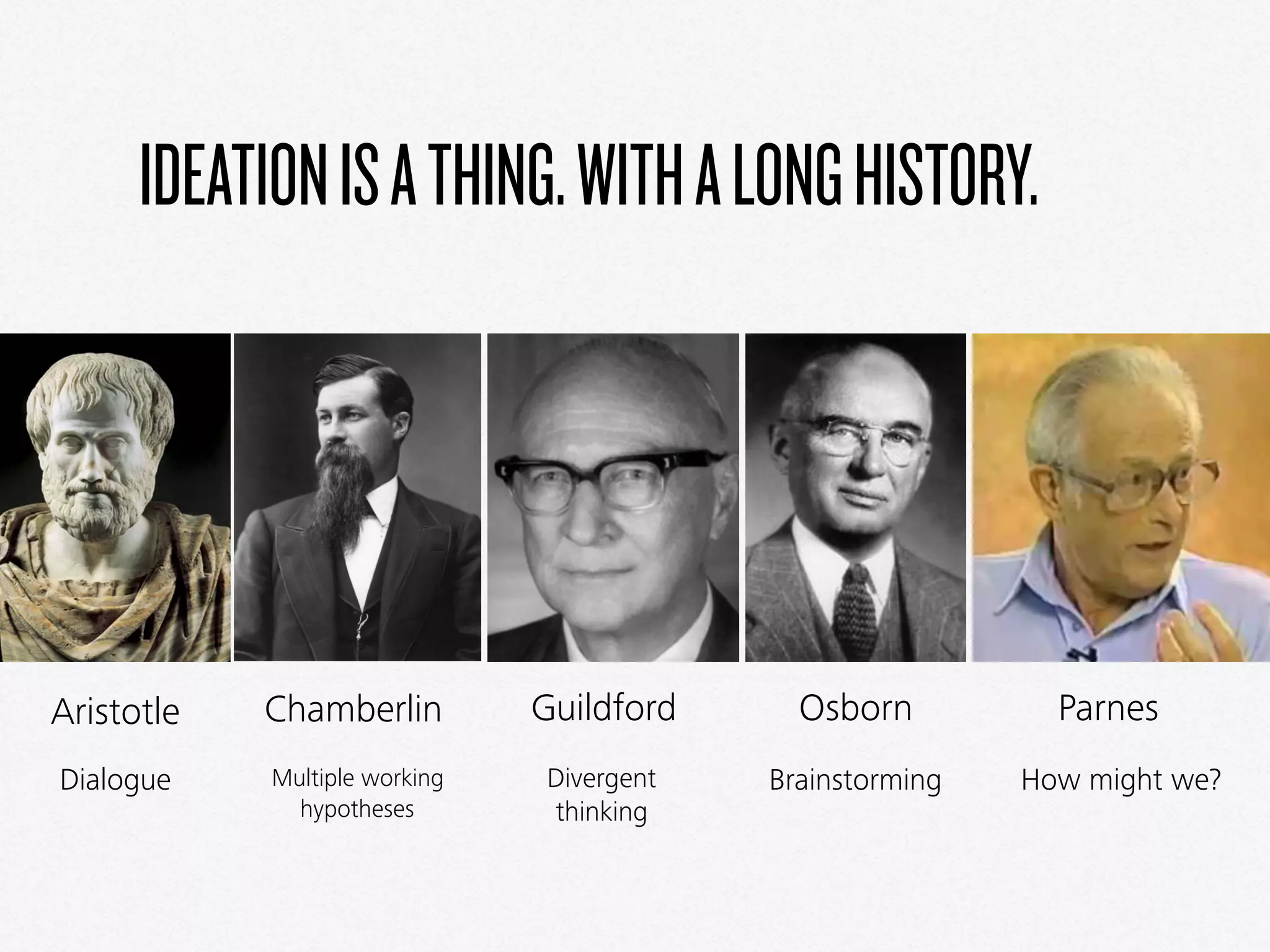 IDEATIONISATHING.WITHALONGHISTORY.
Aristotle Guildford Osborn ParnesChamberlin
Dialogue Multiple working
hypotheses
Divergent
thinking
Brainstorming How might we?
 