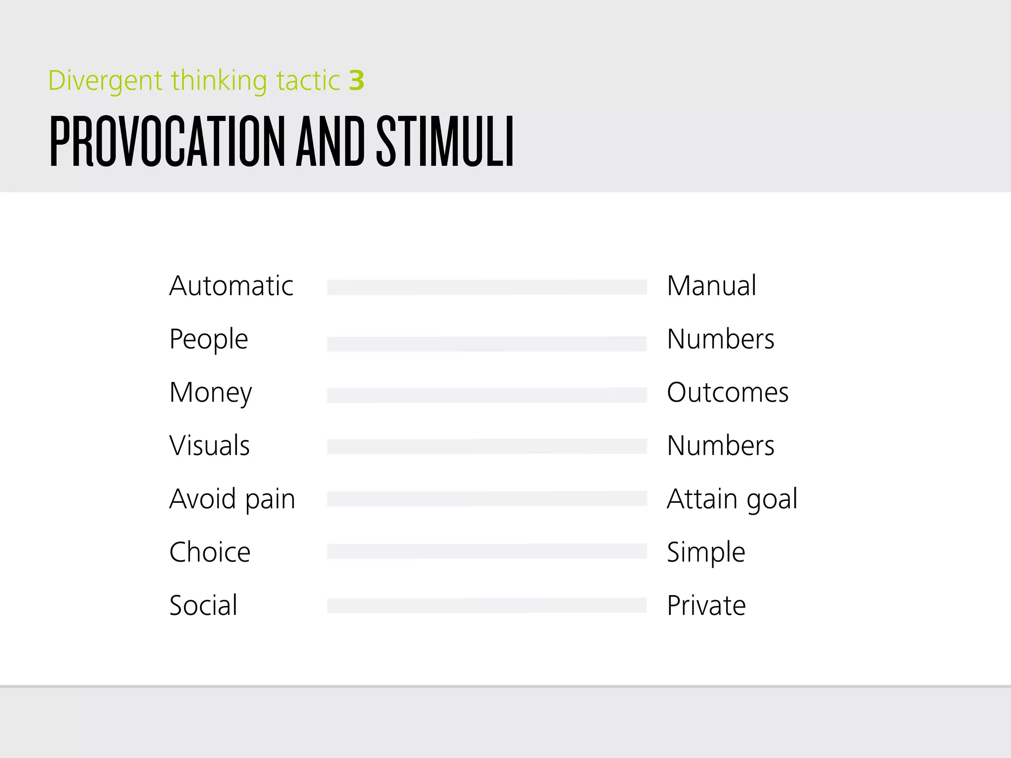 PROVOCATIONANDSTIMULI
Divergent thinking tactic 3
Automatic Manual
People Numbers
Money Outcomes
Visuals Numbers
Avoid pain Attain goal
Choice Simple
Social Private
 