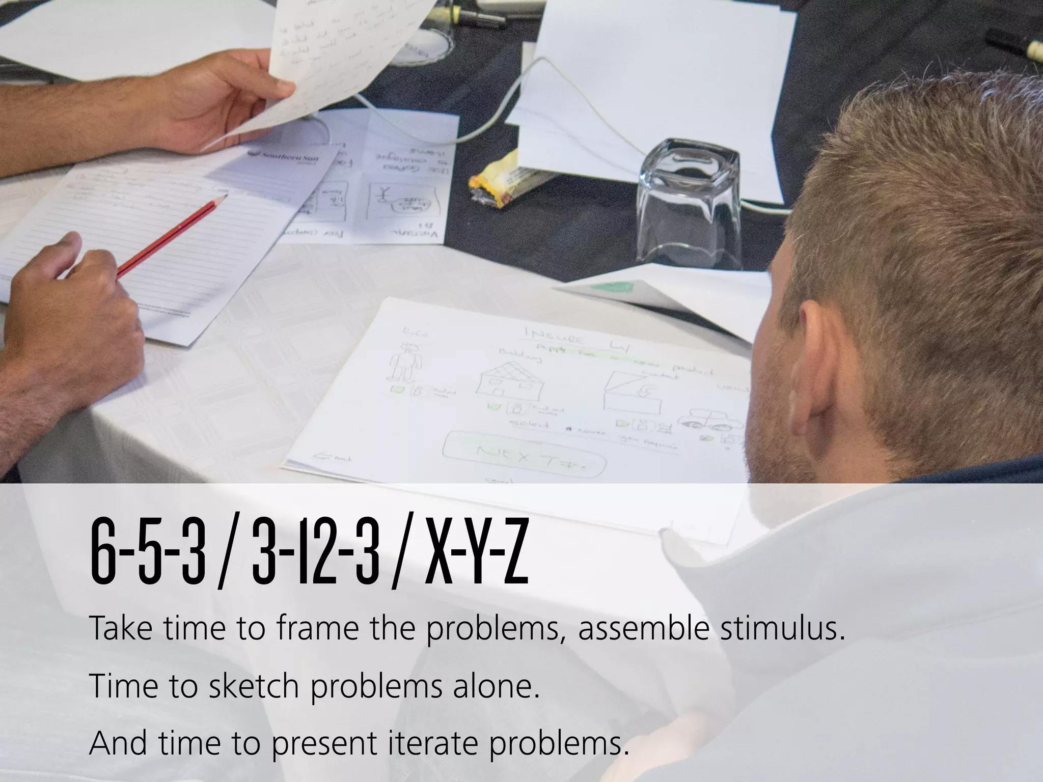 6-5-3/3-12-3/X-Y-Z
Take time to frame the problems, assemble stimulus.
Time to sketch problems alone.
And time to present iterate problems.
 