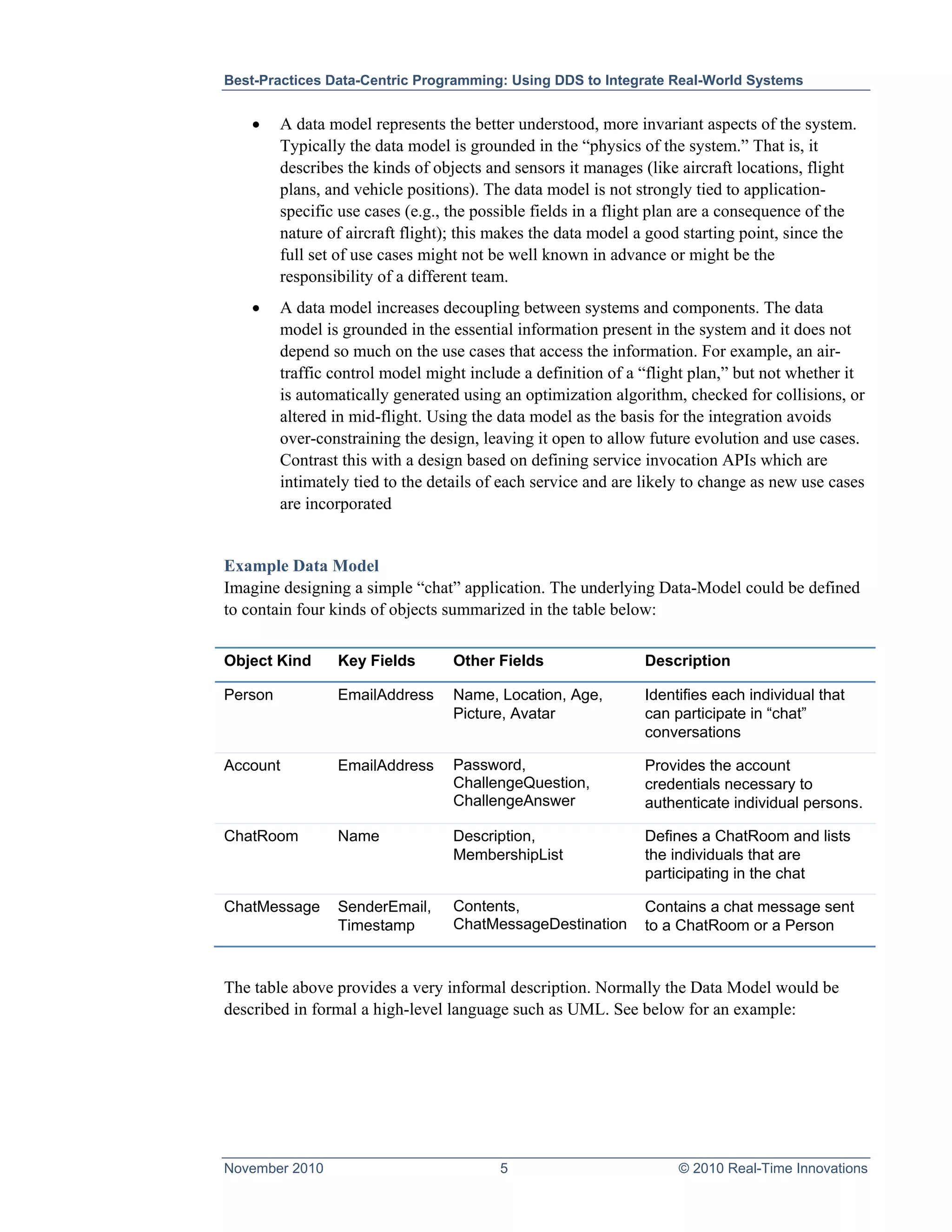 Best-Practices Data-Centric Programming: Using DDS to Integrate Real-World Systems


   •     A data model represents the better understood, more invariant aspects of the system.
         Typically the data model is grounded in the “physics of the system.” That is, it
         describes the kinds of objects and sensors it manages (like aircraft locations, flight
         plans, and vehicle positions). The data model is not strongly tied to application-
         specific use cases (e.g., the possible fields in a flight plan are a consequence of the
         nature of aircraft flight); this makes the data model a good starting point, since the
         full set of use cases might not be well known in advance or might be the
         responsibility of a different team.
   •     A data model increases decoupling between systems and components. The data
         model is grounded in the essential information present in the system and it does not
         depend so much on the use cases that access the information. For example, an air-
         traffic control model might include a definition of a “flight plan,” but not whether it
         is automatically generated using an optimization algorithm, checked for collisions, or
         altered in mid-flight. Using the data model as the basis for the integration avoids
         over-constraining the design, leaving it open to allow future evolution and use cases.
         Contrast this with a design based on defining service invocation APIs which are
         intimately tied to the details of each service and are likely to change as new use cases
         are incorporated


Example Data Model
Imagine designing a simple “chat” application. The underlying Data-Model could be defined
to contain four kinds of objects summarized in the table below:

Object Kind      Key Fields        Other Fields                 Description

Person           EmailAddress      Name, Location, Age,         Identifies each individual that
                                   Picture, Avatar              can participate in “chat”
                                                                conversations

Account          EmailAddress      Password,                    Provides the account
                                   ChallengeQuestion,           credentials necessary to
                                   ChallengeAnswer              authenticate individual persons.

ChatRoom         Name              Description,                 Defines a ChatRoom and lists
                                   MembershipList               the individuals that are
                                                                participating in the chat

ChatMessage      SenderEmail,      Contents,                    Contains a chat message sent
                 Timestamp         ChatMessageDestination       to a ChatRoom or a Person


The table above provides a very informal description. Normally the Data Model would be
described in formal a high-level language such as UML. See below for an example:




November 2010                             5                          © 2010 Real-Time Innovations
 