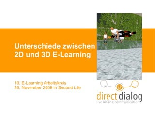 Unterschiede zwischen 2D und 3D E-Learning 10. E-Learning Arbeitskreis 26. November 2009 in Second Life 