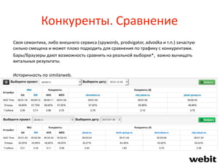 Конкуренты. Сравнение
Своя семантика, либо внешнего сервиса (spywords, prodvigator, advodka и т.п.) зачастую
сильно смещена и может плохо подходить для сравнения по трафику с конкурентами.
Бары/браузеры дают возможность сравнить на реальной выборке*, важно вычищать
витальные результаты.
Историчность по similarweb.
 