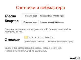 Счетчики и вебмастера
Месяц
Квартал
Полезно: возможность выгружать в БД данные за период из
Метрики по API.
2 недели
Более 5 000 000 запросов (показы), историчности нет.
Полезно: постоянный сбор и хранение.
 