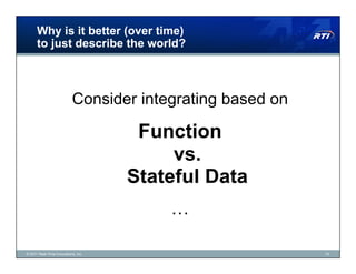 Why is it better (over time)
      to just describe the world?



                           Consider integrating based on

                                      Function
                                          vs.
                                     Stateful Data
                                         …

© 2011 Real-Time Innovations, Inc.                         10
 