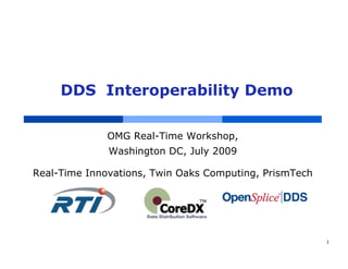 DDS Interoperability Demo

              OMG Real-Time Workshop,
              Washington DC, July 2009

Real-Time Innovations, Twin Oaks Computing, PrismTech




                                                        1
 