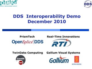 DDS  Interoperability Demo December 2010 Gallium Visual Systems TwinOaks Computing Real-Time Innovations PrismTech  