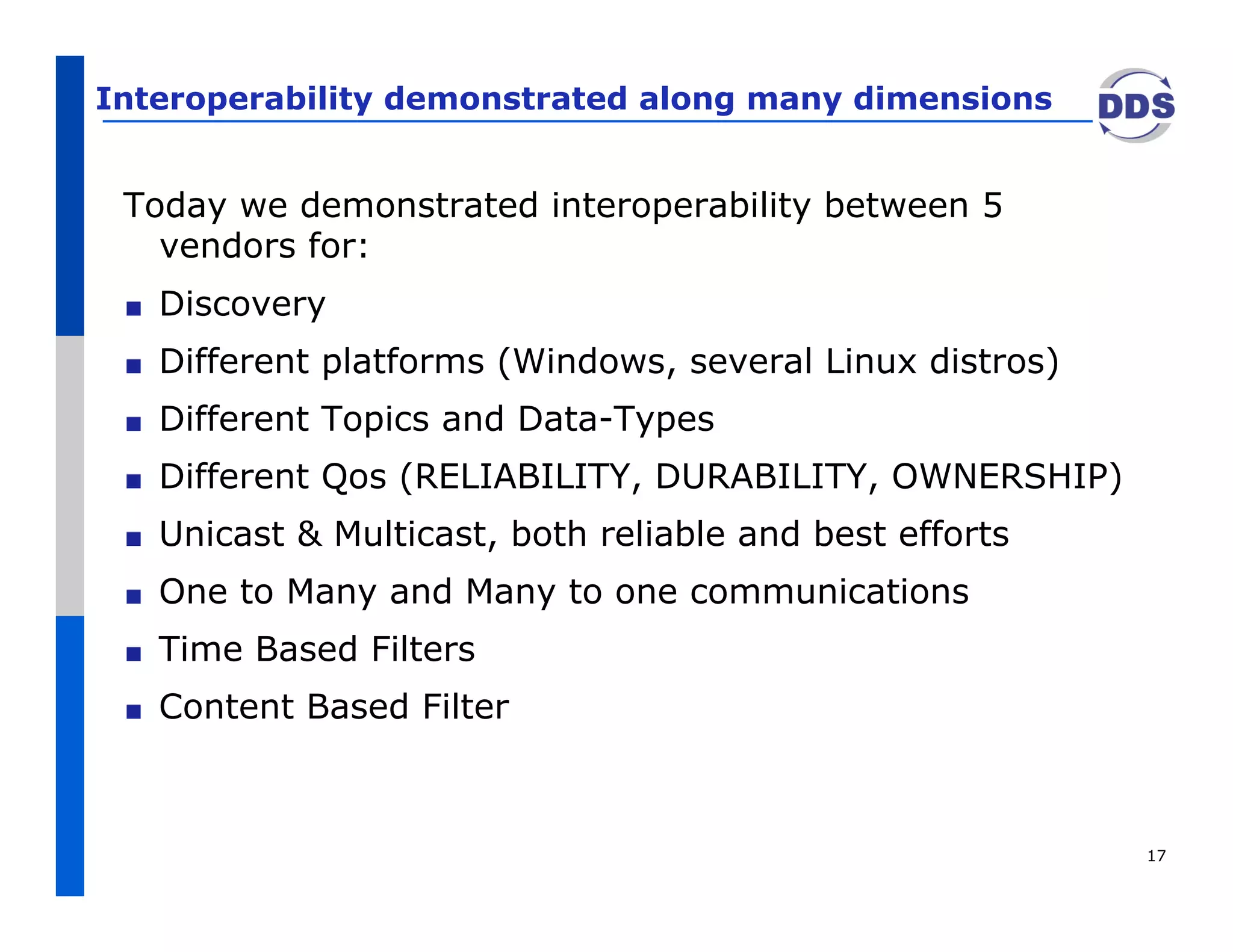 Interoperability demonstrated along many dimensions


 Today we demonstrated interoperability between 5
   vendors for:
 !    Discovery
 !    Different platforms (Windows, several Linux distros)
 !    Different Topics and Data-Types
 !    Different Qos (RELIABILITY, DURABILITY, OWNERSHIP)
 !    Unicast & Multicast, both reliable and best efforts
 !    One to Many and Many to one communications
 !    Time Based Filters
 !    Content Based Filter



                                                             17
 