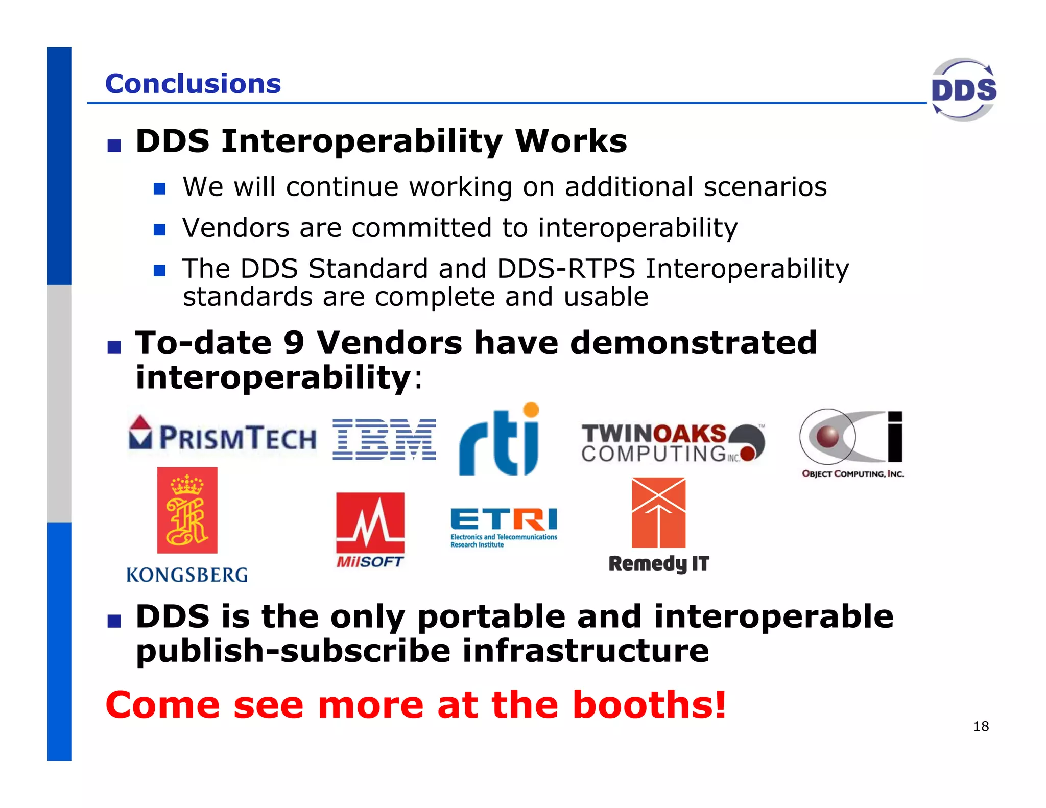 Conclusions

!    DDS Interoperability Works
         We will continue working on additional scenarios
         Vendors are committed to interoperability
         The DDS Standard and DDS-RTPS Interoperability
          standards are complete and usable
!    To-date 9 Vendors have demonstrated
     interoperability:




!    DDS is the only portable and interoperable
     publish-subscribe infrastructure
Come see more at the booths!                                 18
 