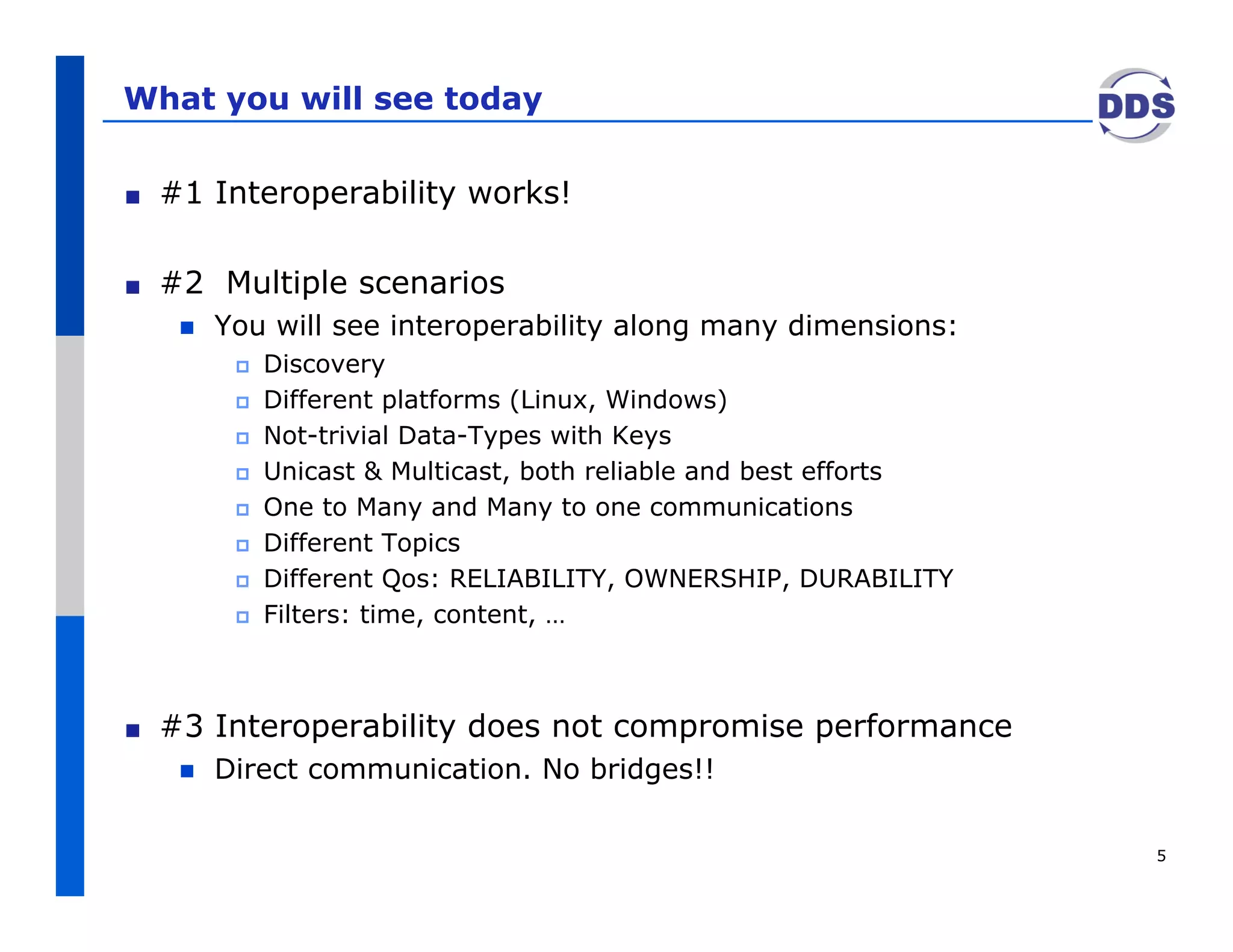 What you will see today


!    #1 Interoperability works!

!    #2 Multiple scenarios
          You will see interoperability along many dimensions:
                Discovery
                Different platforms (Linux, Windows)
                Not-trivial Data-Types with Keys
                Unicast & Multicast, both reliable and best efforts
                One to Many and Many to one communications
                Different Topics
                Different Qos: RELIABILITY, OWNERSHIP, DURABILITY
                Filters: time, content, …



!    #3 Interoperability does not compromise performance
          Direct communication. No bridges!!

                                                                       5
 