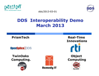 dds/2013-03-01



   DDS Interoperability Demo
         March 2013

PrismTech                      Real-Time
                              Innovations




TwinOaks                       Object
Computing.                    Computing
 