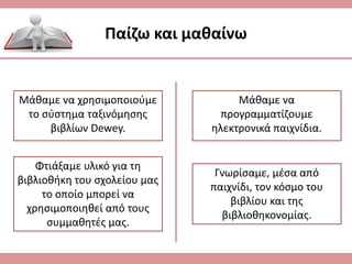 Παίζω και μαθαίνω
Μάθαμε να χρησιμοποιούμε
το σύστημα ταξινόμησης
βιβλίων Dewey.
Μάθαμε να
προγραμματίζουμε
ηλεκτρονικά παιχνίδια.
Φτιάξαμε υλικό για τη
βιβλιοθήκη του σχολείου μας
το οποίο μπορεί να
χρησιμοποιηθεί από τους
συμμαθητές μας.
Γνωρίσαμε, μέσα από
παιχνίδι, τον κόσμο του
βιβλίου και της
βιβλιοθηκονομίας.
 