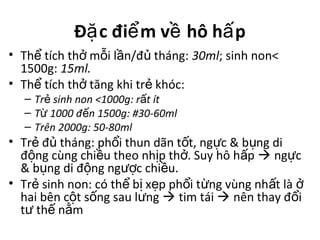 Đ c đi m v hô h pặ ể ề ấ
• Th tích th m i l n/đ tháng:ể ở ỗ ầ ủ 30ml; sinh non<
1500g: 15ml.
• Th tích th tăng khi tr khóc:ể ở ẻ
– Tr sinh non <1000g: r t ítẻ ấ
– T 1000 đ n 1500g: #30-60mlừ ế
– Trên 2000g: 50-80ml
• Tr đ tháng: ph i thun dãn t t, ng c & b ng diẻ ủ ổ ố ự ụ
đ ng cùng chi u theo nh p th . Suy hô h pộ ề ị ở ấ  ng cự
& b ng di đ ng ng c chi u.ụ ộ ượ ề
• Tr sinh non: có th b x p ph i t ng vùng nh t làẻ ể ị ẹ ổ ừ ấ ở
hai bên c t s ng sau l ngộ ố ư  tim tái  nên thay đ iổ
t th n mư ế ằ
 