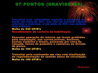 07 PONTOS (GRAVISSIMA)


Transitar com velocidade superior à permitida no
local, em mais de 20%, nas vias de transito rápido,
arteriais e rodovias, e em mais de 50% nas demais
vias urbanas.
Multa de 540 UFIR’s
Recolhimento da carteira de habilitação

Executar operação de retorno em locais proibidos
pela sinalização, nas curvas,aclives, declives,
pontes viadutos e túneis, passando por cima da
calçada, faixas de pedestre e canteiros de divisão
de pistas.
Multa de 180 UFIR’s

Transitar pela contramão em vias com sinalização
de regulamentação de sentido único de circulação.
Multa de 180 UFIR’s


                                             Marcelo Paiva
 