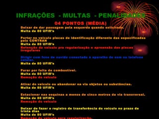 INFRAÇÕES - MULTAS - PENALIDADES
                    04 PONTOS (MÉDIA)
 Deixar de dar passagem pela esquerda quando solicitado.
 Multa de 80 UFIR’s

 Portar no veiculo placas de identificação diferente das especificadas
 pelo CONTRAN
 Multa de 80 UFIR’s
 Retenção do veiculo pra regularização e apreensão das placas
 irregulares

 Dirigir com fone de ouvido conectado à aparelho de som ou telefone
 celular.
 Multa de 80 UFIR’s

 Parar por falta de combustível.
 Multa de 80 UFIR’s
 Remoção do veiculo

 Atirar do veiculo ou abandonar na via objetos ou substâncias.
 Multa de 80 UFIR’s

 Estacionar nas esquinas a menos de cinco metros da via transversal.
 Multa de 80 UFIR’s
 Remoção do veiculo

 Deixar de fazer o registro de transferência do veiculo no prazo de
 trinta dias
 Multa de 80 UFIR’s
 