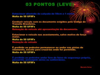 03 PONTOS (LEVE)

Estacionar afastado da calçada de 50cm a 1 metro.
Multa de 50 UFIR’s

Conduzir veiculo sem os documento exigidos pelo Código de
Transito Brasileiro.
Multa de 50 UFIR’s
Retenção do veiculo até apresentação do documento.

Estacionar o veiculo nos acostamento, salvo motivo de força
maior.
Multa de 50 UFIR’s
Remoção do veiculo

É proibido ao pedestre permanecer ou andar nas pistas de
rolamento, exceto para cruzá-las onde for permitido.
Multa de 50 UFIR’s

É proibida ao pedestre andar fora da faixa de segurança própria,
passarela, passagem aérea ou subterrânea.
Multa de 50 UFIR’s
                                                       Marcelo Paiva
 